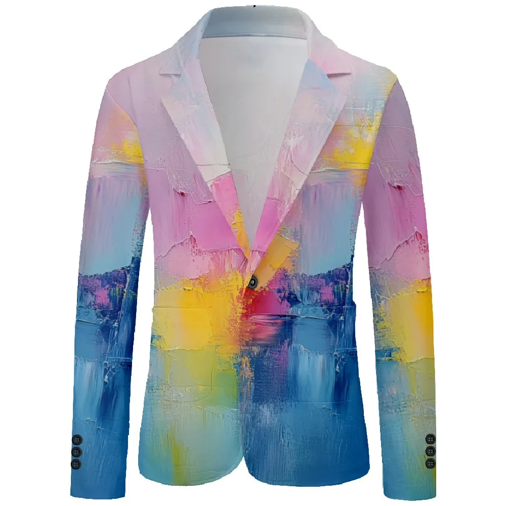 Mens Blazer Artistic Oil-Painting Print One Buttons Vintage Casual Coat Business Office Party Jacket Slim Fit Blazers Outfit Men