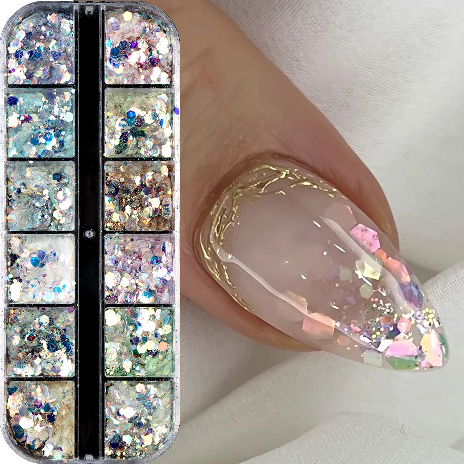 12 Grids Shimmery Mermaid Hexagon Nail Art Glitter Sequins Holographic Mirror Nail Powder Flakes Nail Charms Decoration Manicure