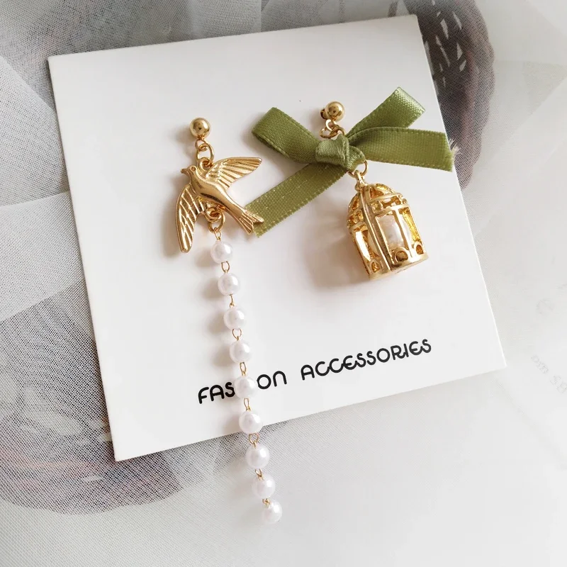 Trend Korean Asymmetric Green Ribbon Bow Bird Cage Clip Earrings Women Girl Long Bird Imitation Pearls Tassel Clip On Earrings