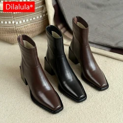 Dilalula Genuine Leather Short Boots Women Square Toe Thick High Heels Women Daily Autumn Winter Chelsea Boots Female 2025