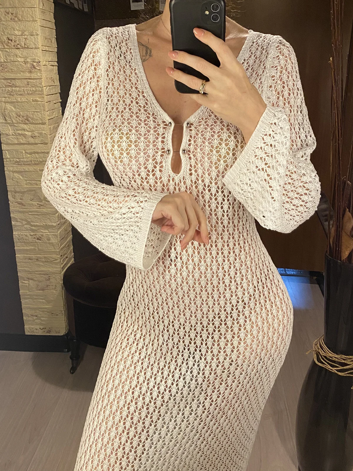 8 Farben, V-Ausschnitt, langärmeliges, gehäkeltes, gestricktes Tunika-Strandkleid, Strandmode, Strandbekleidung, Strand-Cover-up, Damen, V5046 – Detail 12