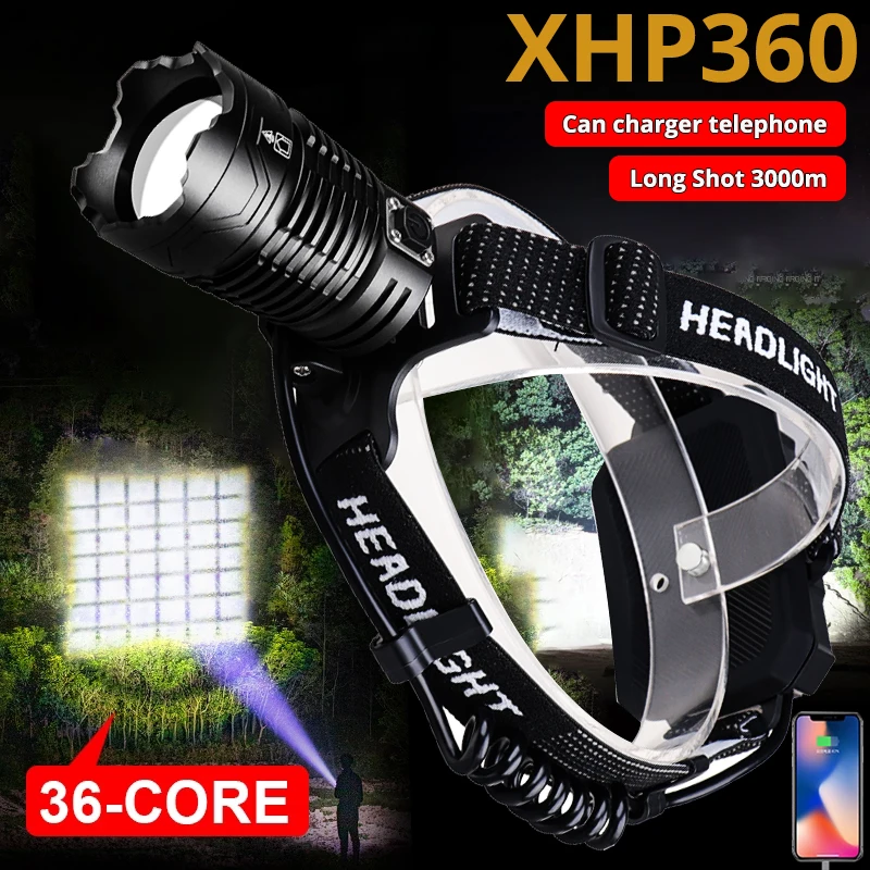 

Powerful High Lumens Headlamp XHP360 LED Rechargeable Waterproof 18650 Head Flashlight Zoomable Headlight 36Core Fishing Lantern