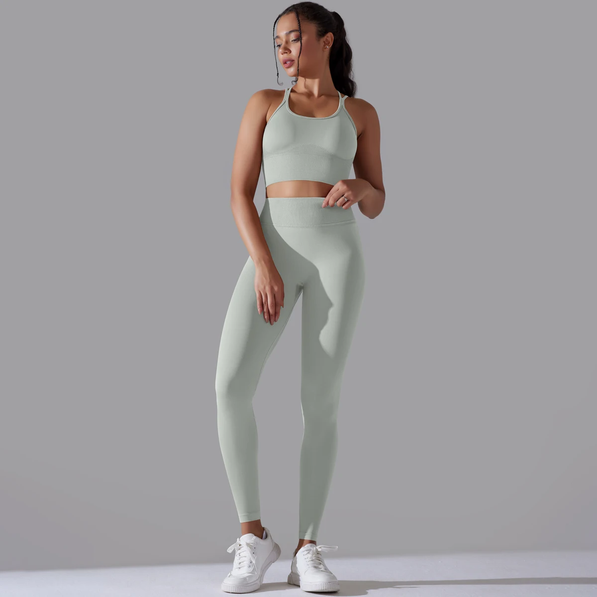 Gebürstetes Yoga-Set für Damen, 2-teilig, Workout, Sportbekleidung, überkreuzter Rücken, Sport-BH, hohe Taille, Leggings, Fitnessstudio, Kleidung, Sportanzüge – Detail 34