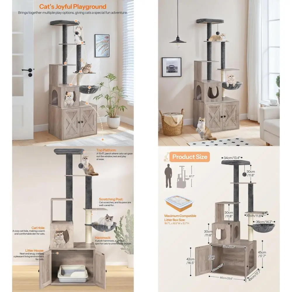 

67.7 Multifunctional Wooden Cat Tree with Hidden Litter Box, Perch, Hammock, Scratching Post, and Tower for Indoor Cats, Greige