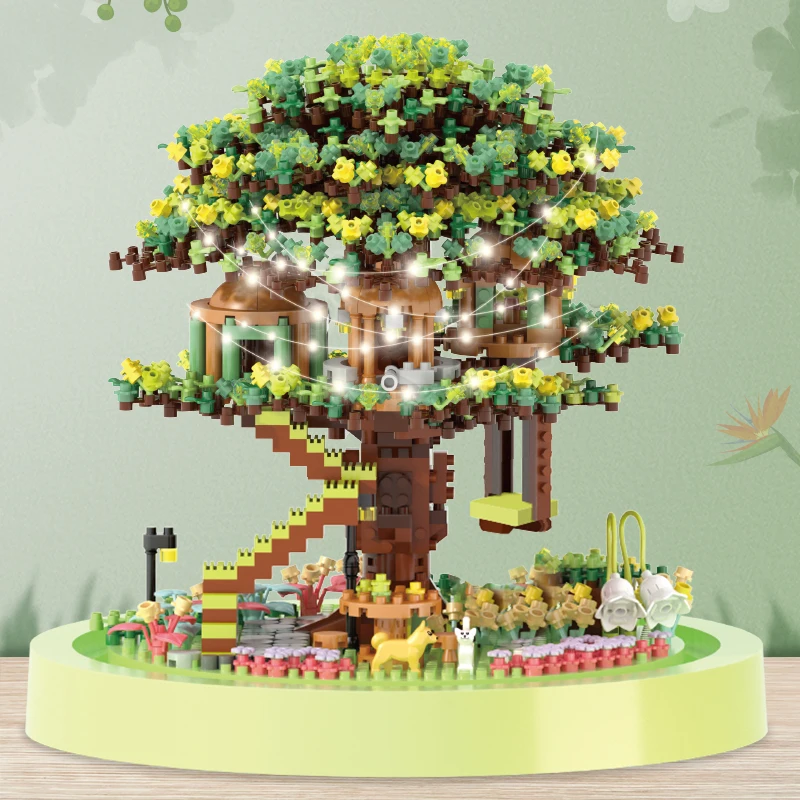 Foresta stagionale Building Block Giocattoli con luci a LED luminose stellate Assemblaggio fai-da-te Modelli di case sull'albero Blocchi di mattoni Giocattoli Set regalo