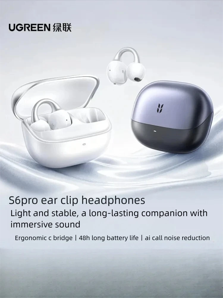 Ugreen S6pro Ear Clip Type Ai Bluetooth Headphone Intelligent Noise Reduction Super Long Battery life Wireless Open Translation