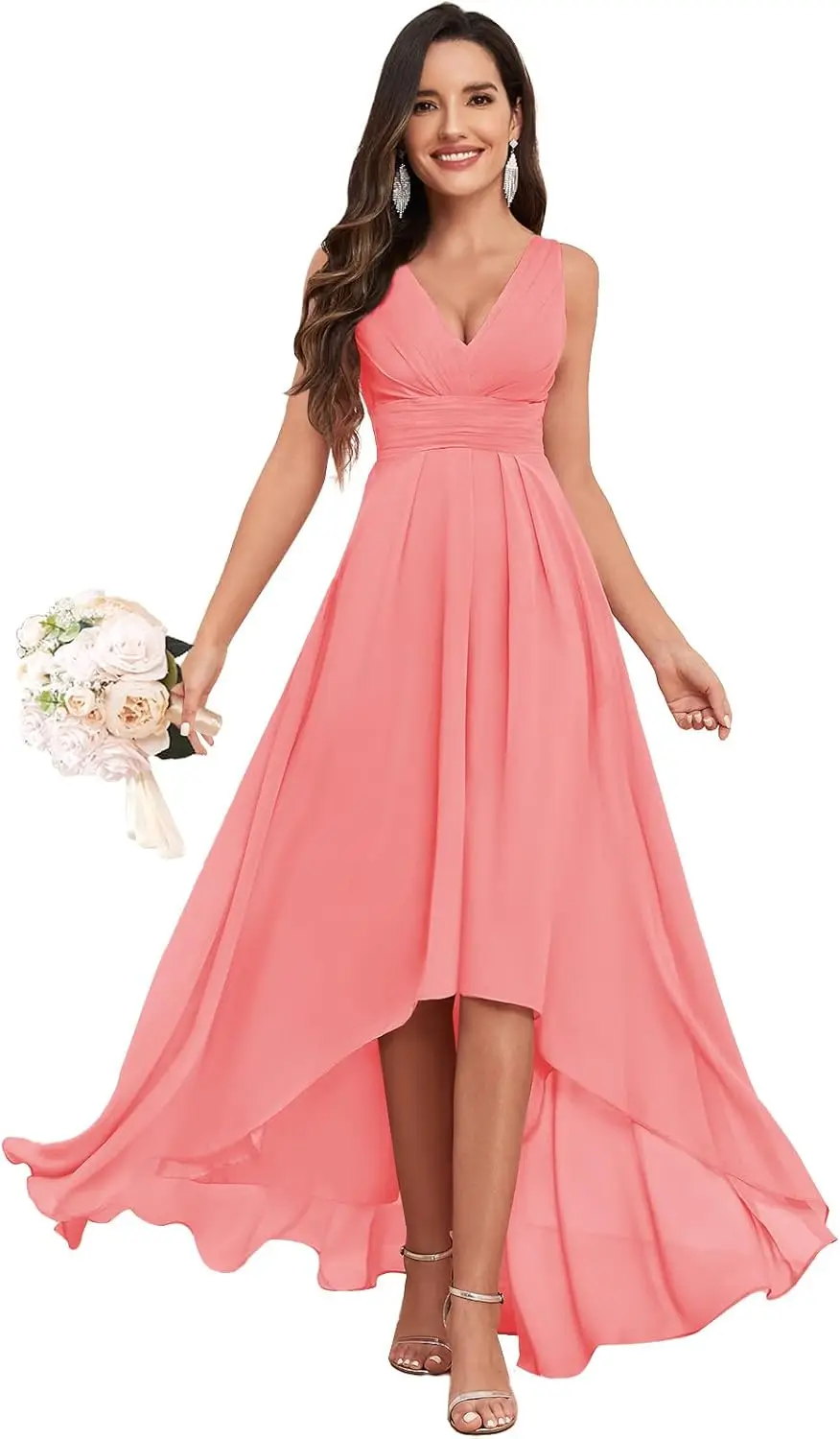 여성용 웨딩 브라이드메이드 드레스, A라인 하이로우 디자인, V넥 쉬폰 주름 장식 이브닝 정장 드레스, 포켓 포함 파티 드레스