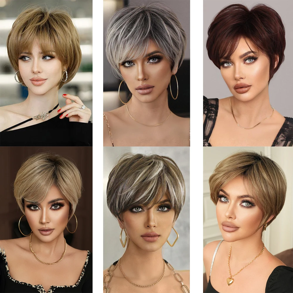 Pelo sintético rizado corto en capas de 8 pulgadas, marrón dorado, peluca de alta calidad Natural y esponjosa para fiesta diaria de mujeres de mediana edad