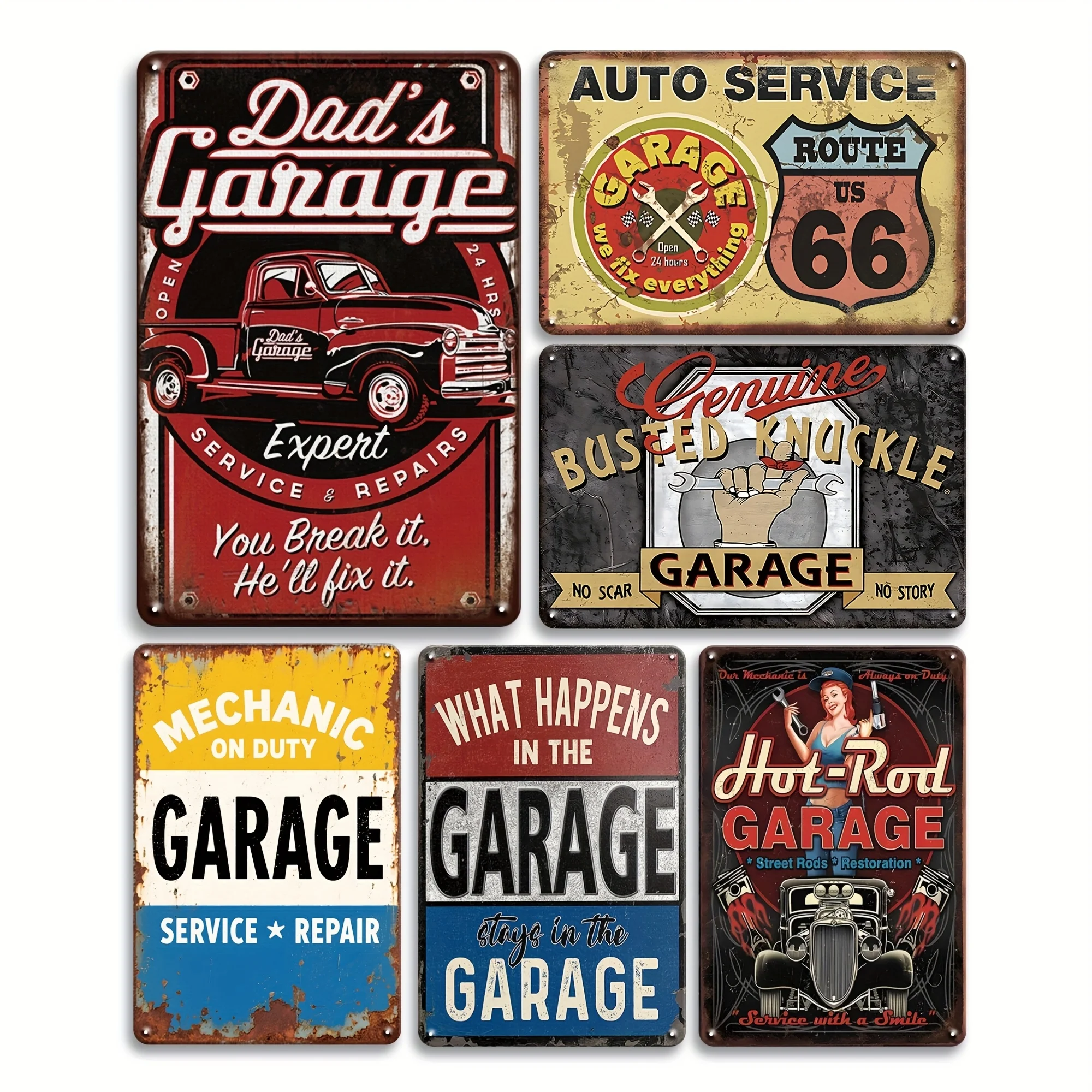 6pcs Vintage Route 66 Metal Tin Signs - Garage Mechanic Posters with Pin-Up & Car Art, Retro Wall Decor Suitable for Man Cave, Garage, Bar - 12x8 Inch Iron Plaque, Father's Day Gift for