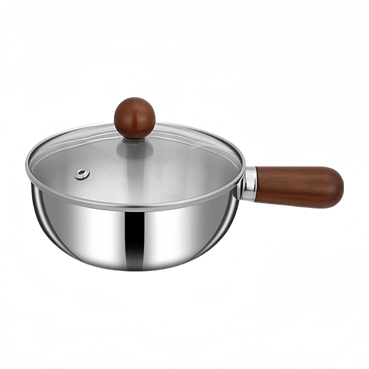 وعاء الحليب من الفولاذ المقاوم للصدأ مع مقبض خشبي ومقلاة مسطحة القاع للاستخدام على مواقد الغاز والكهرباء التعريفي #2