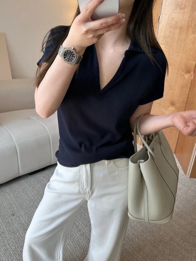 

Rouqiu Summer New V-Ne Ne T-irt ort Top for Small Size Cute Ball Commuter Sle Loose Fit Pure Color ort Sve