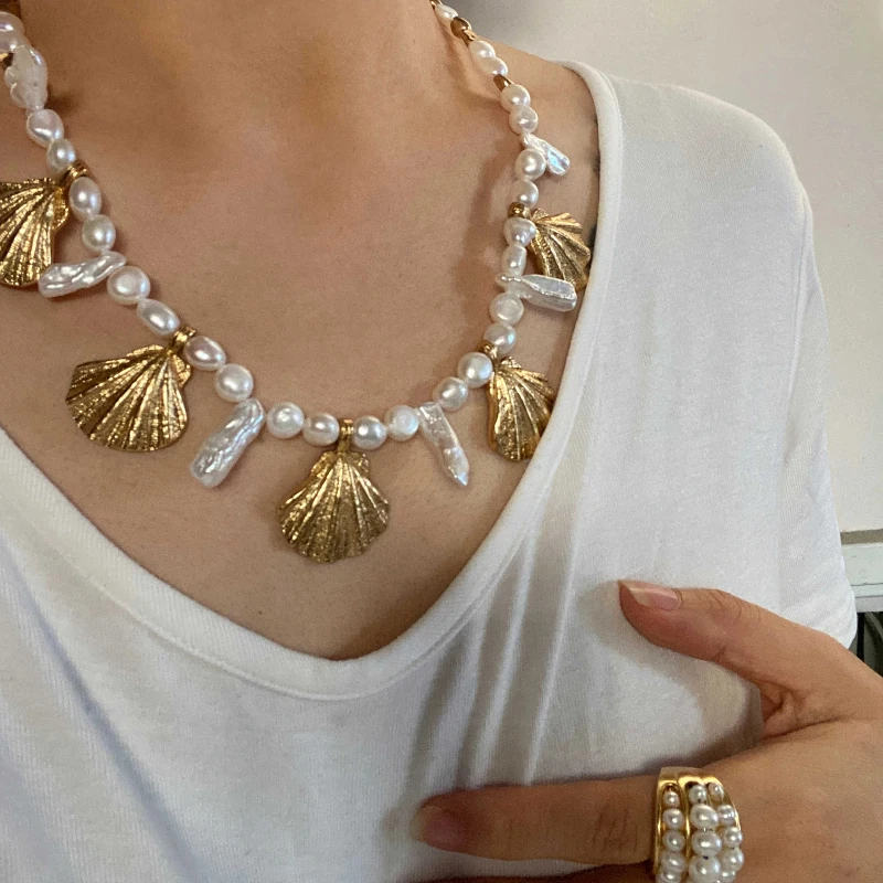 

Европа Америка Винтаж Натуральный Жемчуг Барокко Бирюзовый Ракушка Роскошное Ожерелье Женское Романтическое Отдых Ювелирные Аксессуары