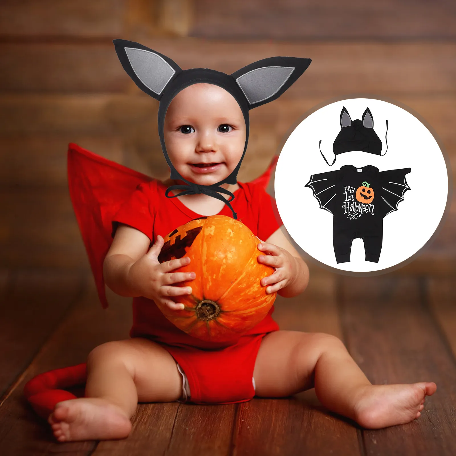 

1Set Halloween Infant Romper Bat Sleeve Baby Girl Toddler Jumpsuit Outfit Hat Breathable Skin Friendly Daily Costume Baby