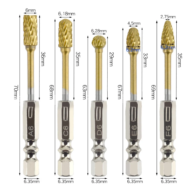 Electric Woodwork Polishing Tool 10PCS, Double Striped Rotary File, Golden Hard Alloy Tungsten Steel Grinding Head