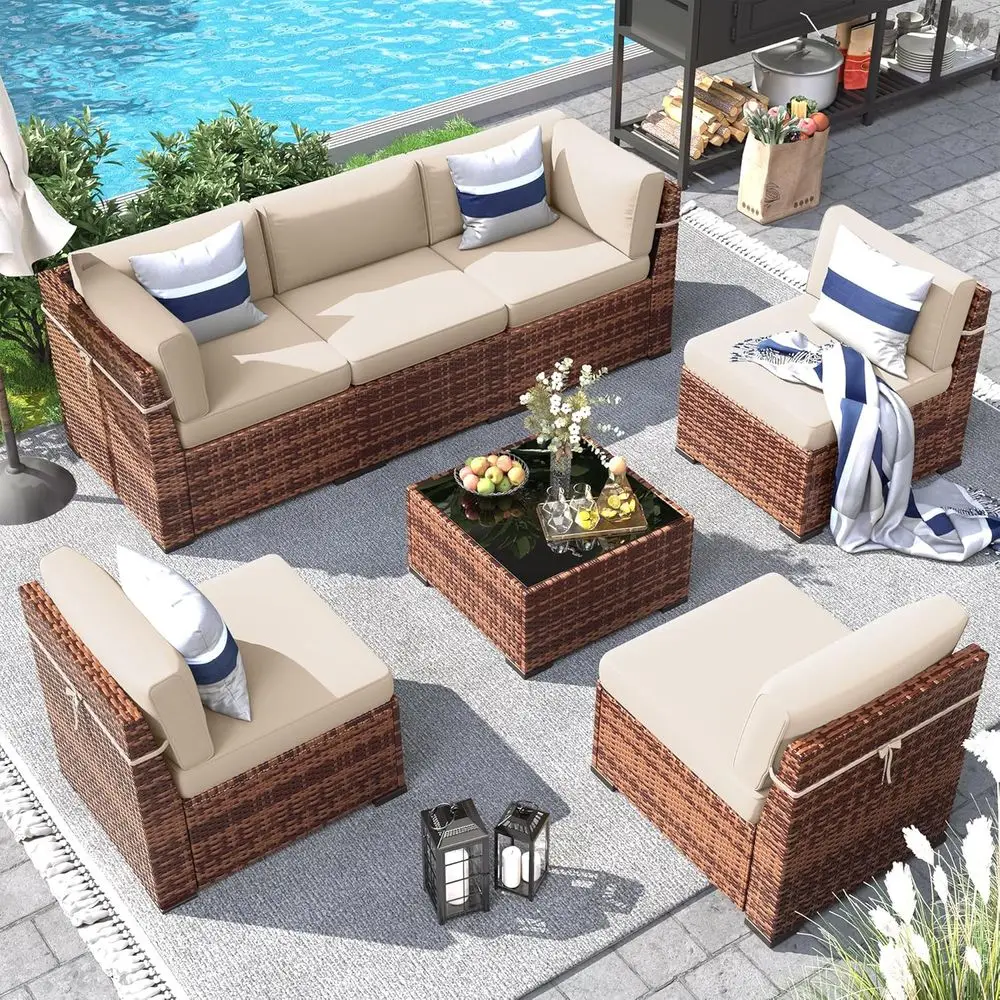 

7-Piece Outdoor Wicker Sectional Set for Patio, Garden, and Poolside in Khaki