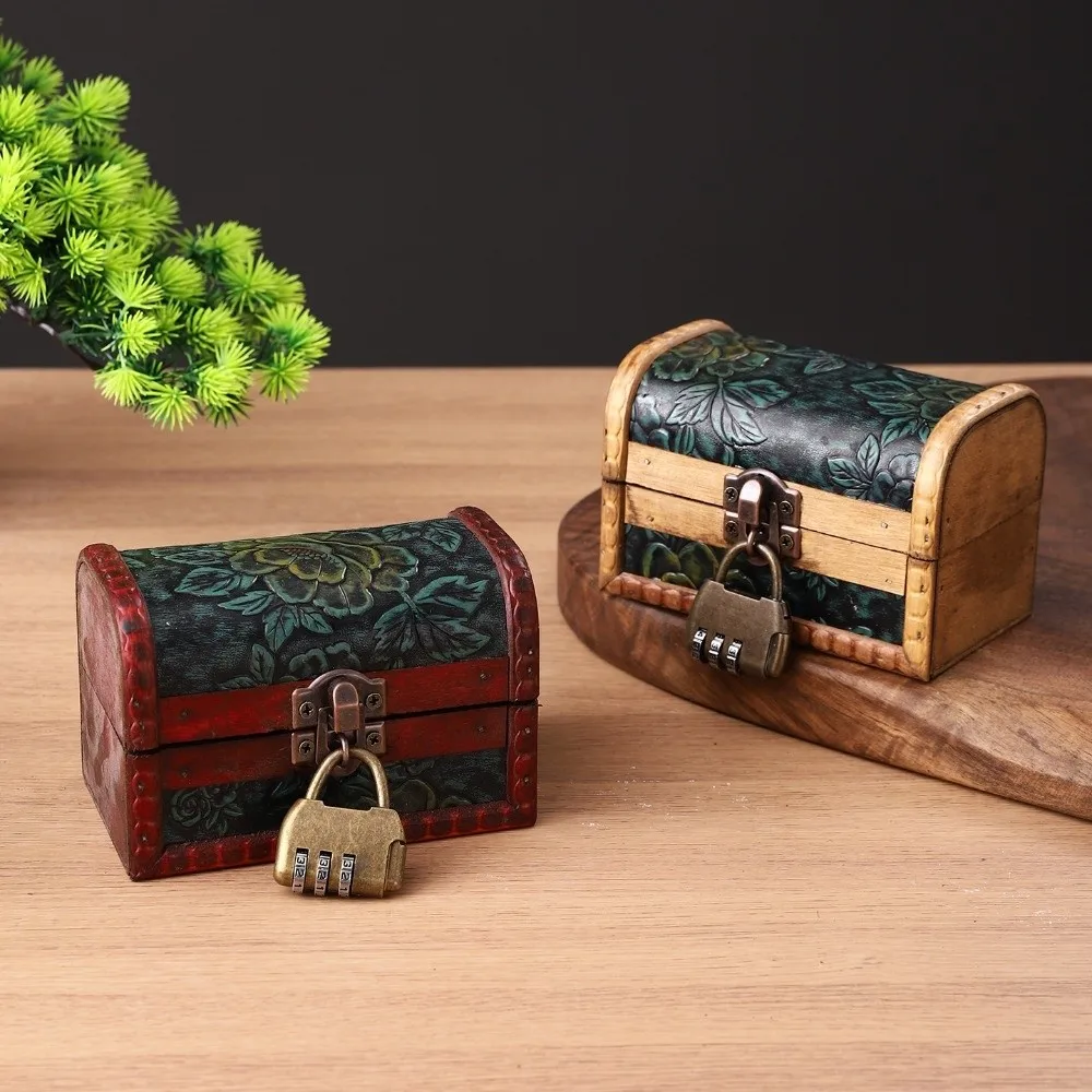 

Antique Flower Treasure Chest Vintage Decorative Storage Box Metal Lock Wooden Jewelry Box Packaging Box