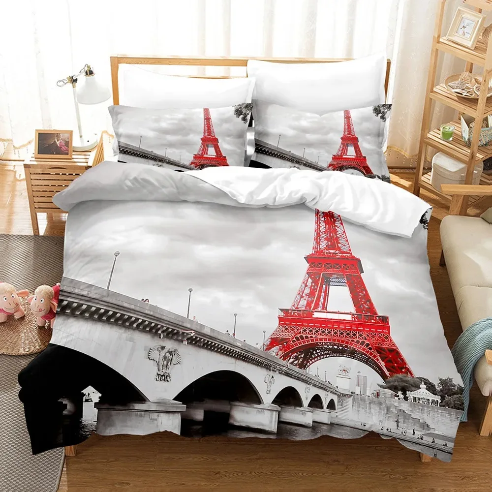 

Eiffel Tower Duvet Cover Microfiber World Famous City Building Landscape Comforter Cover Twin Full King Travel Theme Bedding Set