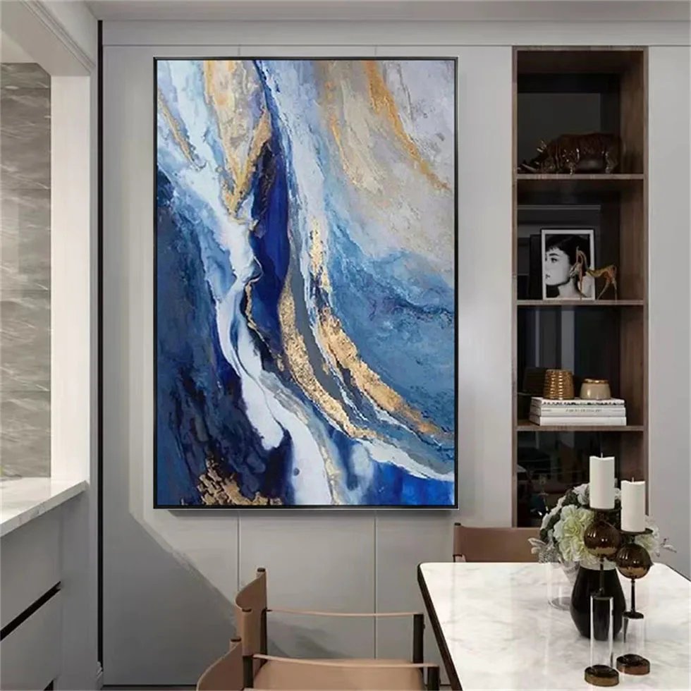 

Trendy Handmade Gold And Blue Textured Landscape Oil Paintings On Canvas Panels Wall Art Pictures For Living Room Decor Painting