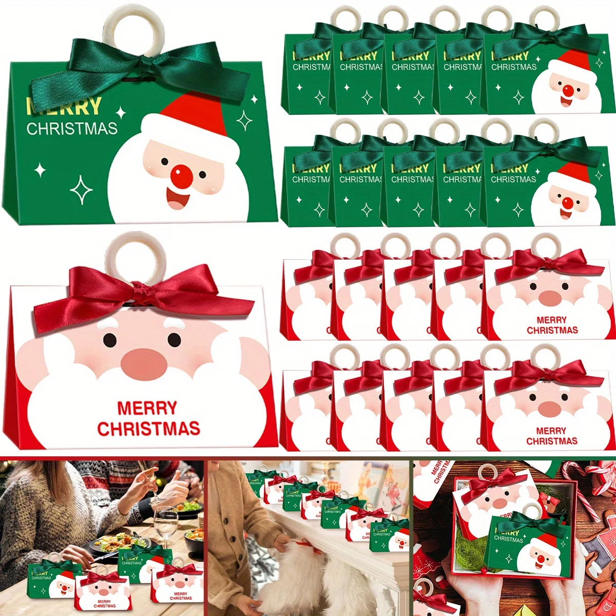 

10Pcs Christmas Gift Boxes Claus Pattern Candy Wrapping Box with Wooden Beads and Ribbon for 2024 Navidad Party Favors Supplies