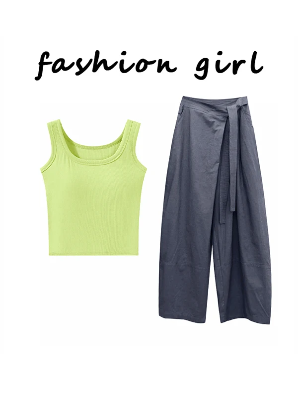 

Green Strapless Vest And Pants Set High Waist A-Line Skirt Commute Style Summer Collection Unique Design Complete Outfit