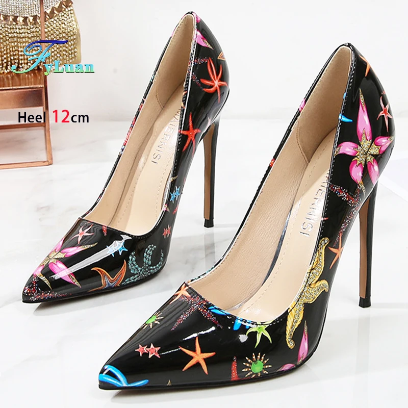 

12CM Party Single Shoes Black Patent Leather Nightclub Party Pointed Toe Color Printed Thin Heels Plus Size Fashion Women Pumps