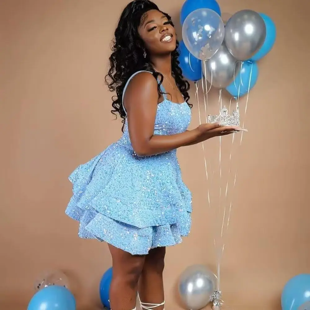 

Sparkly Tiered Short Prom Dress 2026 Mini Cocktail Party Gown Graduation Spaghetti Straps Sequin Homecoming Dresses for Teens