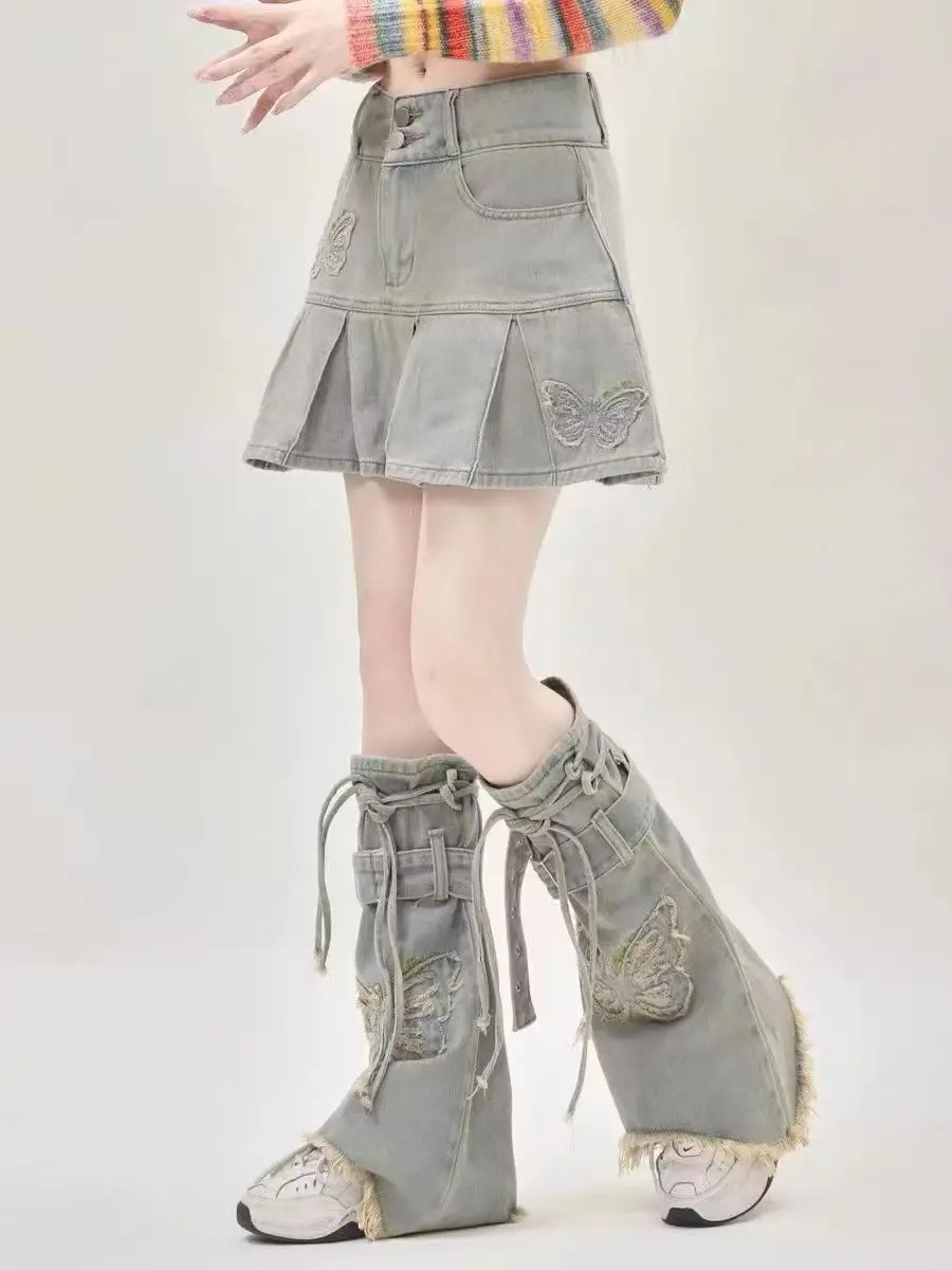 Retro Old Butterfly Leg Cover Denim Girl Buckle Strap Flared Leg Covers Y2k Streetwear