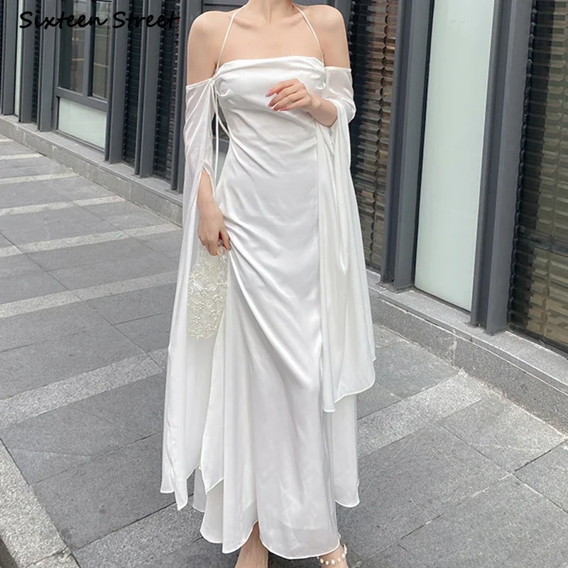 White Satin Dress Women  Summer Long Sleeve Slash Neck Elegant Women's Clothing Party Vacation Runway Design Vestidos