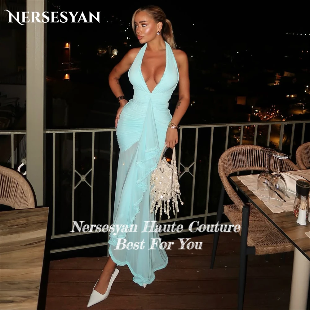 Nersesyan luxe bleu ciel sirène robes de soirée plis fente latérale volants dos nu robe formelle licou robe de soirée personnalisée