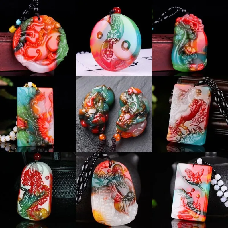 Natural Colour Jade Dragon Pixiu Pendant Necklace Chinese Charm Ite Jewelry Carved Amulet Luck Gifts for Her Men Sweater Chain