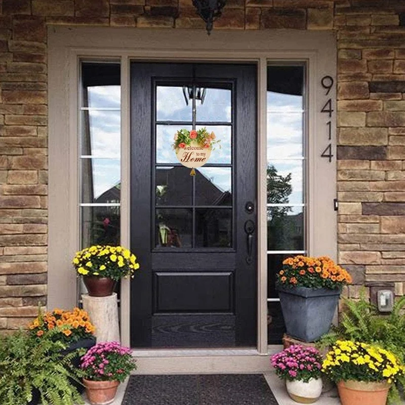 Welcome Sign, Welcome Sign for Front Door, Front Door Decor Hanging Sign Rustic Wood Hanging Decor with Bell