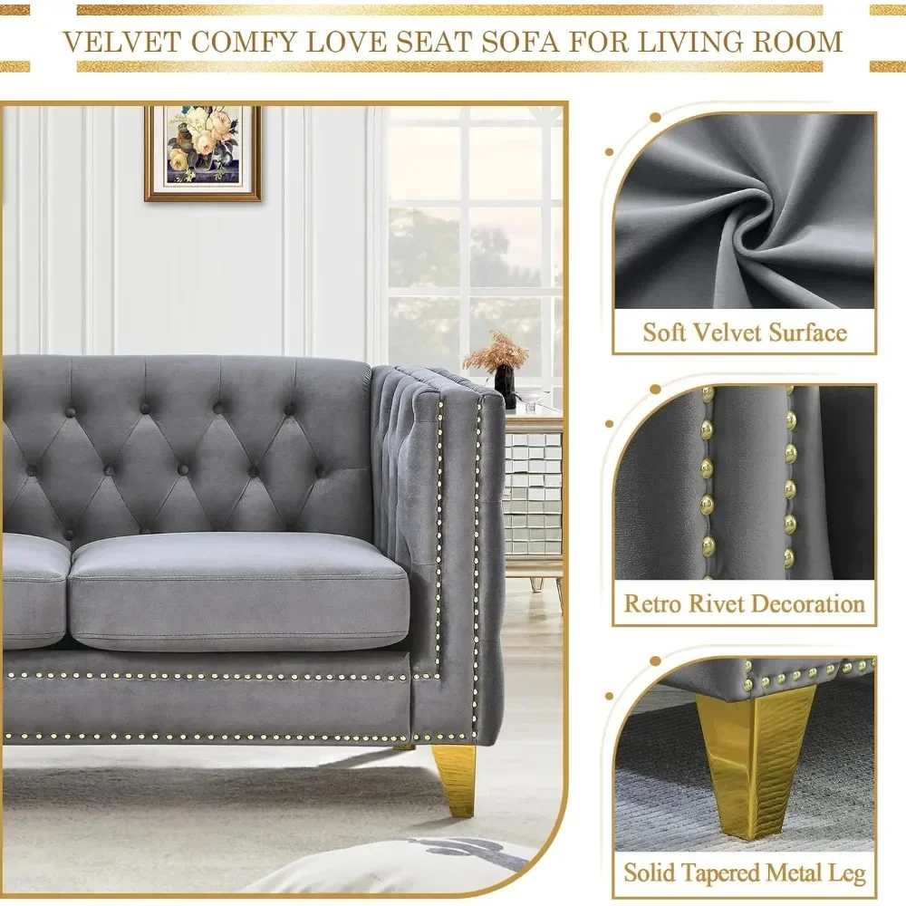 Velvet Sofa Set of 2, Comfy Loveseat and 3 Seater Couch with Tufted Back and Rivet Decoration, Upholstered Couch with Metal Legs