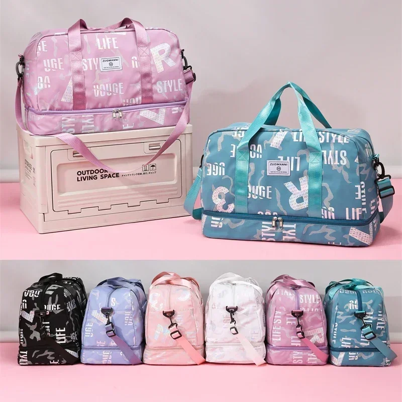 Chic Letter Print Large Capacity Gym Bag With Shoe Compartment Versatile Travel Duffle Dry/Wet Separation Shoulder Crossbody Bag