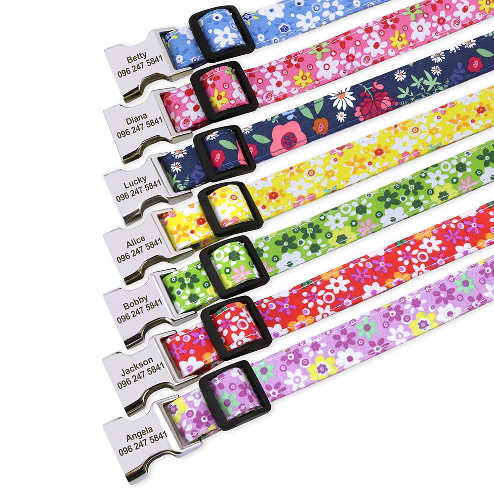 Nylon Flower Dog Collar Personalized Floral Print Dog Puppy Collars Customized Pet ID Collars for Small Medium Large Dog Pitbull