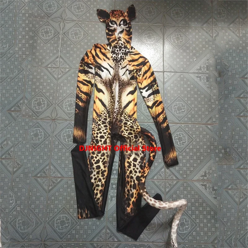 Traje de baile de escenario de club nocturno para mujer, Cosplay de Halloween, mono largo con estampado de Tigre, traje de actuación Rave, traje de Gogo para cumpleaños