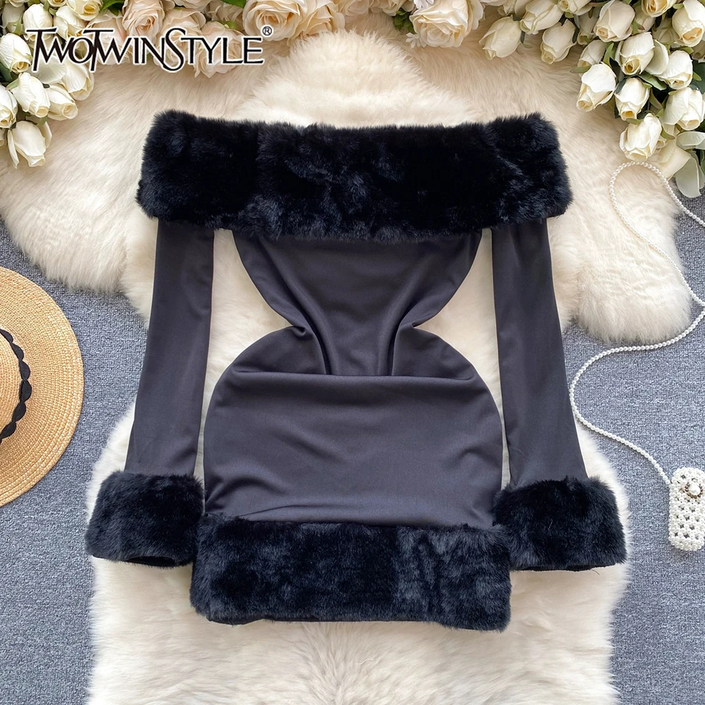 TWOTWINSTYLE Solid Patchwork Fur Slimming Dress For Women Slash Neck Long Sleeve High Waist Sexy Mini Dresses Female KDR517825