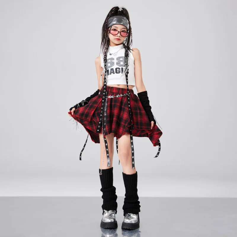 Hip Hop Ragazze Crop Top Plaid Gonna da ballo di strada Bambini Gonne a pieghe con nastro Adolescenti Jazz Costumi fantastici Bambino Streetwear Set di vestiti