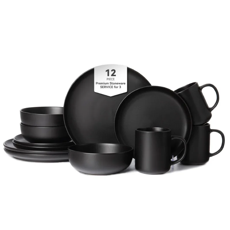 

12 Piece Black Stoneware Dinnerware Sets Microwave Dishwasher Safe Non Toxic Stackable Plates Bowls Mugs Durable For Family Of 3