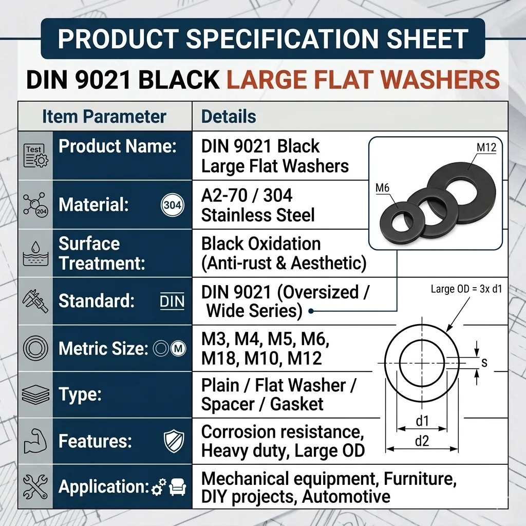 304 Stainless Steel Black Big Flat Washers DIN9021 M3 M4 M5 M6 M8 M10 M12 Metric Oversized Wide Plain Washer Spacer Gasket A2-70