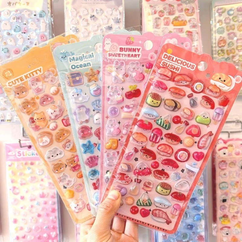 3D Relief Stickers, Cute Sushi Rabbit Cat Crystal Sticker, Cartoon Solid Puffy Decal for Kids Journal Scrapbook DIY