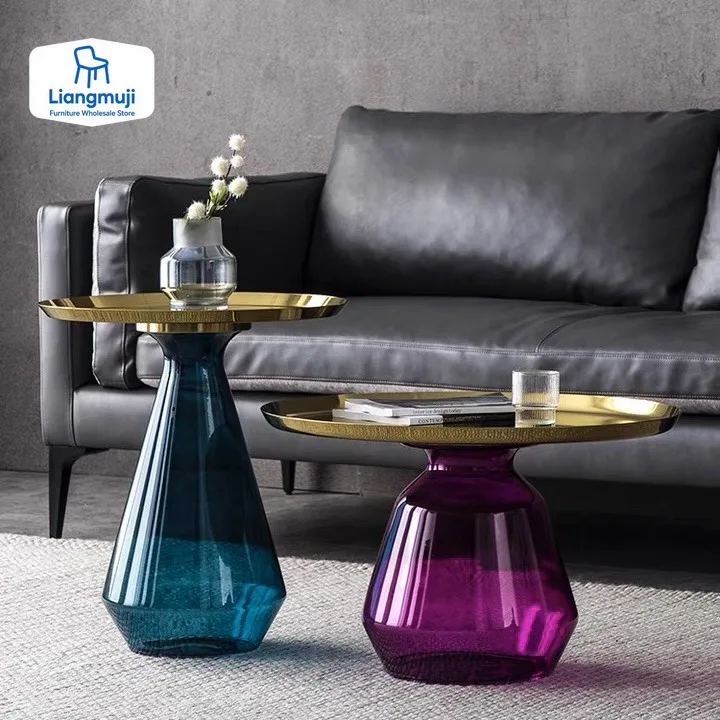 

Luxury Glass Coffee Table Living Room Sofa Combination Round Side Table European Coffee Table Balcony Leisure Tables Storage