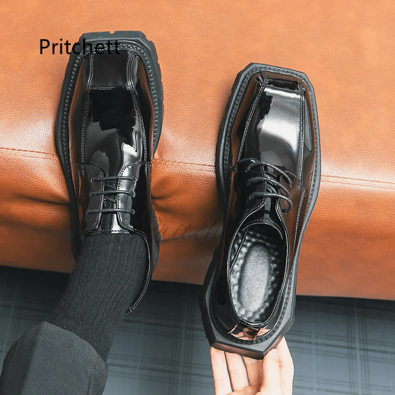 Patent Leather Thick Sole Derby Shoes for Men Commuter Lace Up Casual Leather Shoes Male Square Head Party Office Dress Shoes