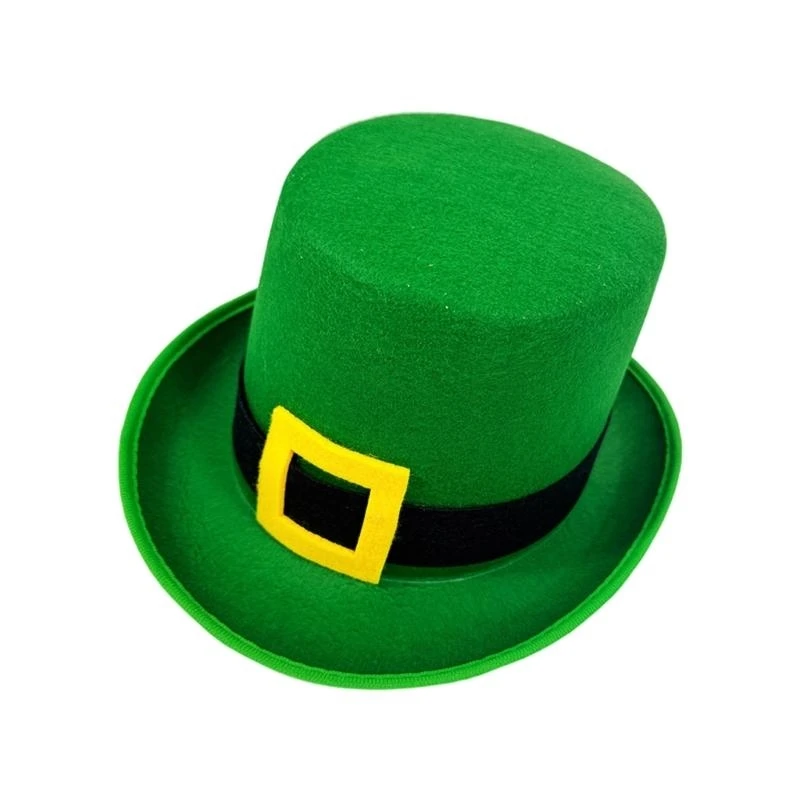 

652F Homburg Party Hat Leprechaun Green Trim Top Hat Green Porkpie Hat for Boy Men Club Irish Holiday Accessories