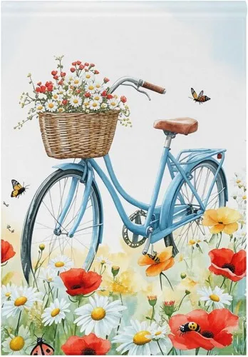Spring Summer Flowers Garden Flag Double Sided Blue Bicycle Ride and, 12x18 XXQ