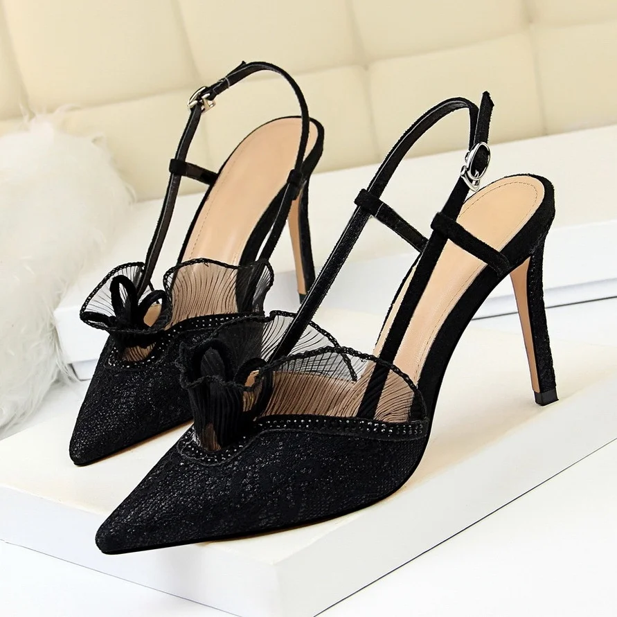 

Summer New Sexy Mesh Pumps Sandals Female Pointed Toe Black Lace Hollow Ankle Strap High Heels Stiletto Dress Shoes Women