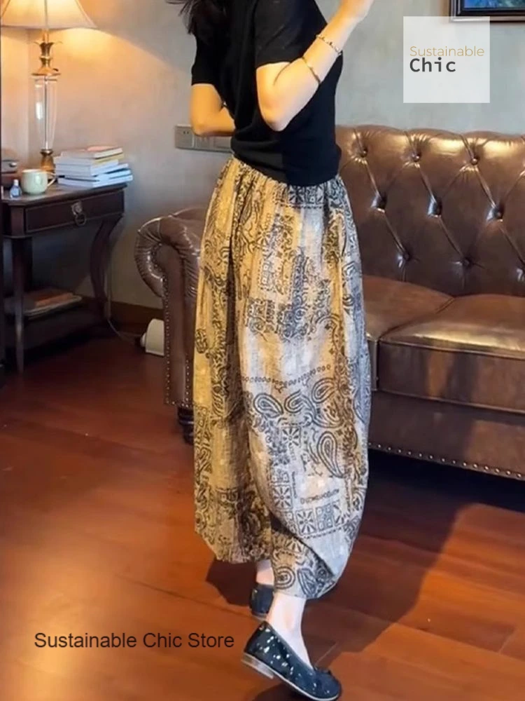 National retro print sunscreen wide-leg pants women's summer new thin loose slim plus size casual eight straight bloomers.