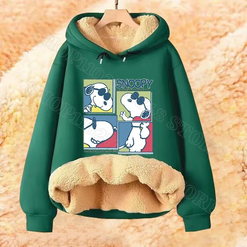 Snoopy Adult Hooded Sweatshirt Women Men Winter Fleece Thickened Clothes Winterize Warm Cartoon Character Print Streetwear Gifts