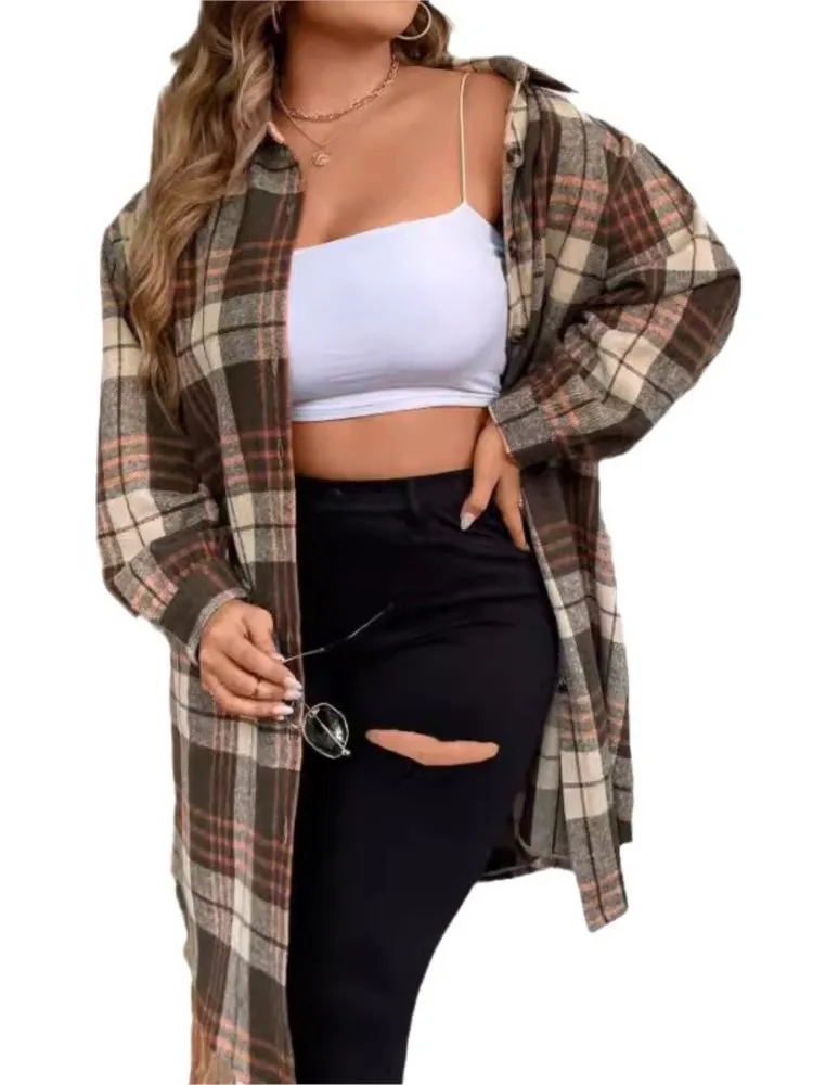 Plus Size Autumn Midi Plaid Striped Print Shirts Coats Women Irregular Pleated Fashion Ladies Blouses Casual Loose Woman Shirts