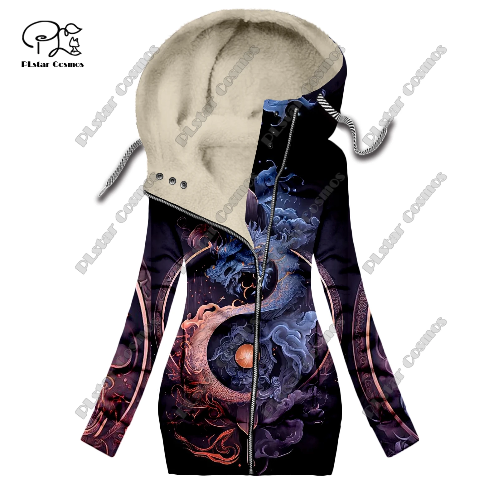 New 3D printing retro series floral and animal patterns plus velvet and warm women's long zipper sweatshirt casual winter L-12