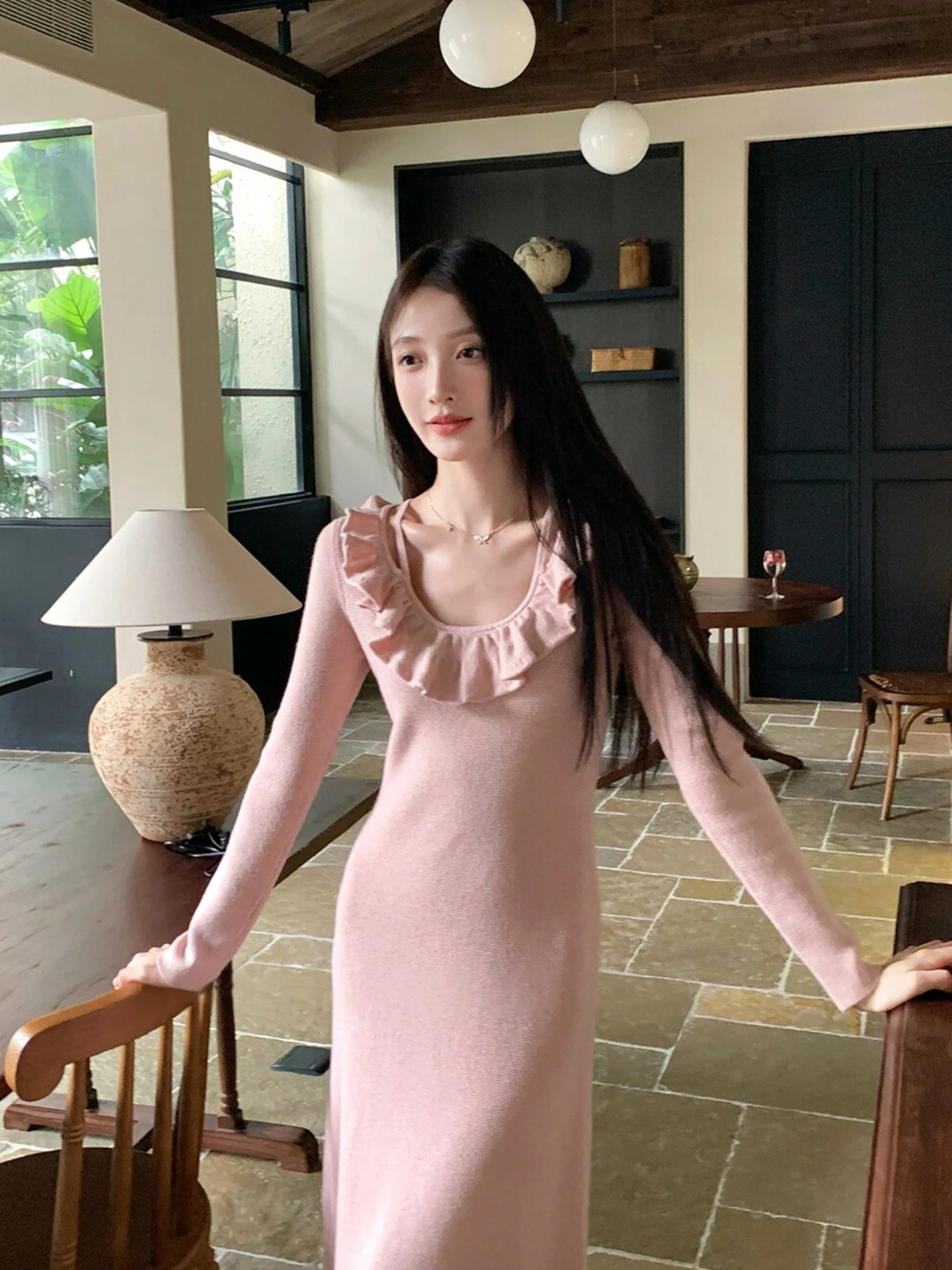 

Romantic Luxury U-Ne Knitted Dr Women Winter Faion Gathered Waist Long Sve A-Line Skirt Soft Polyester Blend Dr
